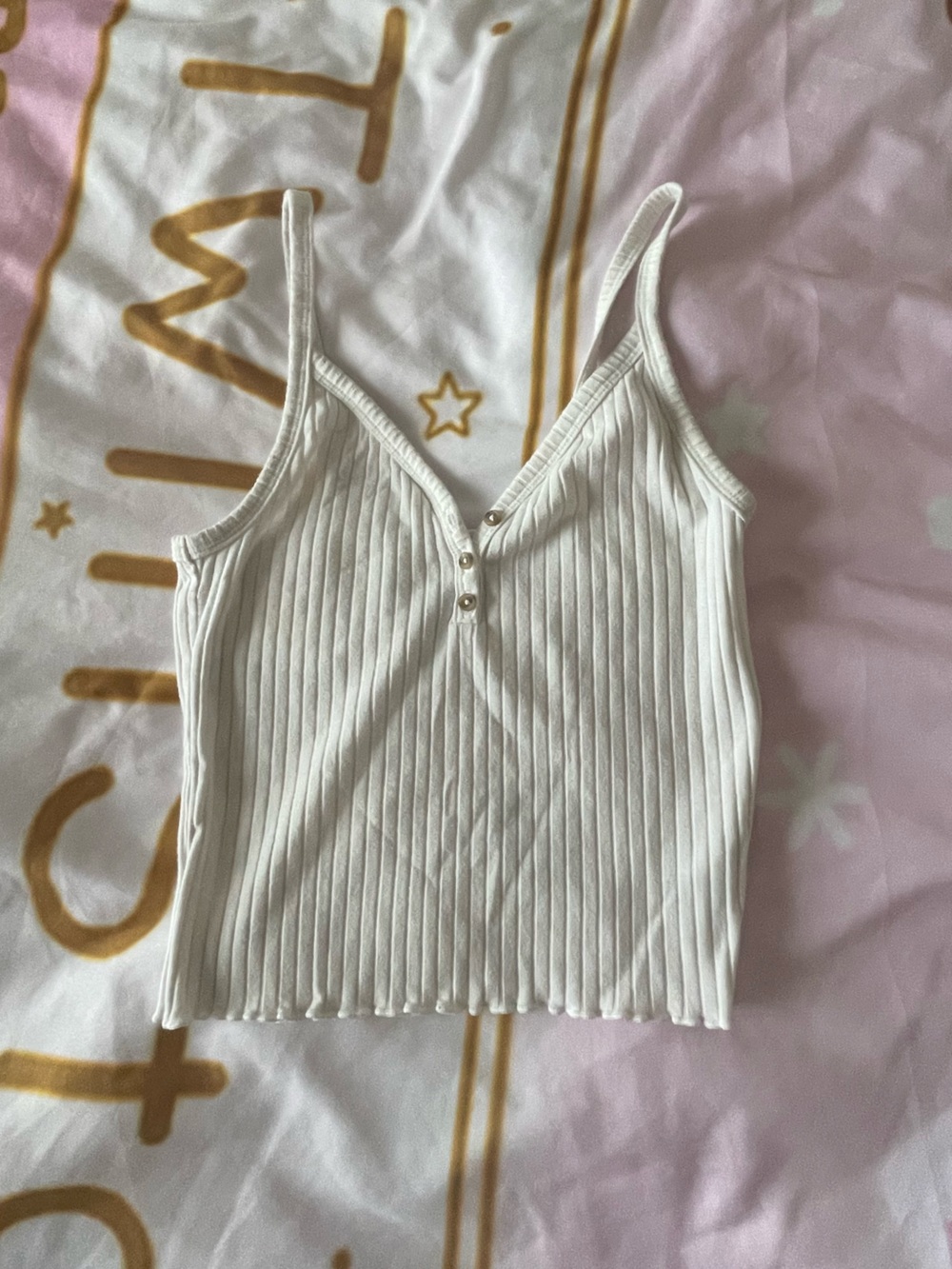 Ribbed White Cropped Tank Top with Button Detail